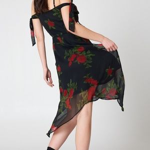 Black Floral Asymmetric Hem Midi Dress